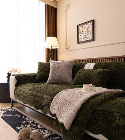 Green Fuzzy Rabbit Plush Sofa Cover Cozy Warm Sofa Couch Covers with 3D Jacquard Leaf Pattern Non-Slip Easy-to-Install Shaggy Sofa Slipcover Prefect for Kids Dogs Cats Cats(Green,36"x70")