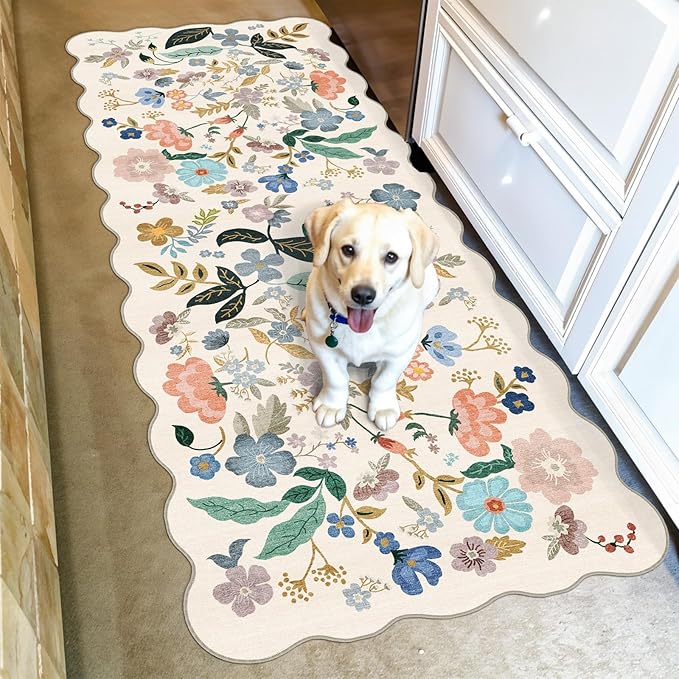 Hallway 2x5 Washable Runner Rug: Stain Resistant Floral Scalloped Rug for Kitchen Entryway Farmhouse Soft Carpet for Bathroom Bedroom Thin Laudry Living Room Floor Mat with Non Slip Backing(2x5,Cream)