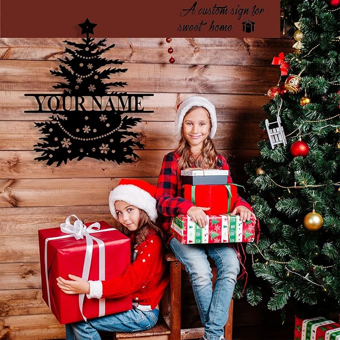 Personalized Christmas Tree Metal Sign, Custom Signs Outdoor Metal Wall Decor, Merry Christmas Tree Signs Wall Decoration for Home Living Room, Bedroom, Office, Garden, Porch
