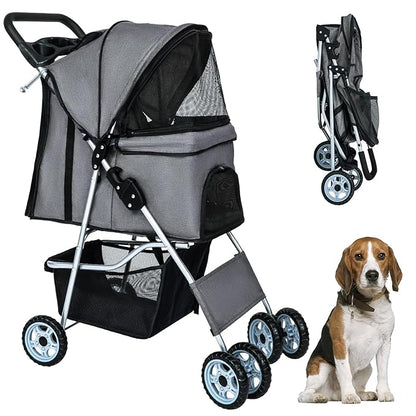 BestPet 4Wheels Pet Dog Stroller for Folding Lightweight Cat Travel Stroller with Cup Holder,Grey