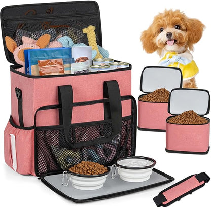 TORIBIO Dog Travel Bag,Large Pet Travel Bag for Supplies with 2 Food Container and Collapsible Bowls,Dog Travel Supplies Organizer Kit for Weekend,Road Trips,Camping