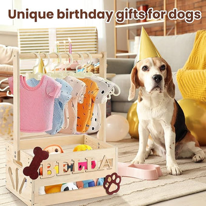 Teenyyou 20 x 13 x 9 Wooden Dog Closet Pet Wardrobe Crate Box with Hanging Rods and Personalized Alphabet Letters Easy Assembly Baskets for Dog Cat Toys Clothes Accessories(Wood)
