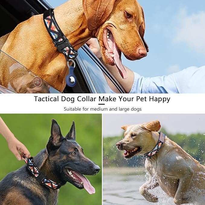 DAGANXI Tactical Dog Collar, Adjustable Military Training Nylon Dog Collar with Control Handle and Heavy Metal Buckle for Medium and Large Dogs, with Patches and Airtags Case (XL, Colorful Triangle)