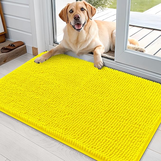 OLANLY Dog Door Mat for Muddy Paws 36x24, Absorbs Moisture and Dirt, Absorbent Non-Slip Washable Doormat, Quick Dry Chenille Mud Mat, Entry Indoor Entryway Carpet for Inside Floor, Lemon Yellow
