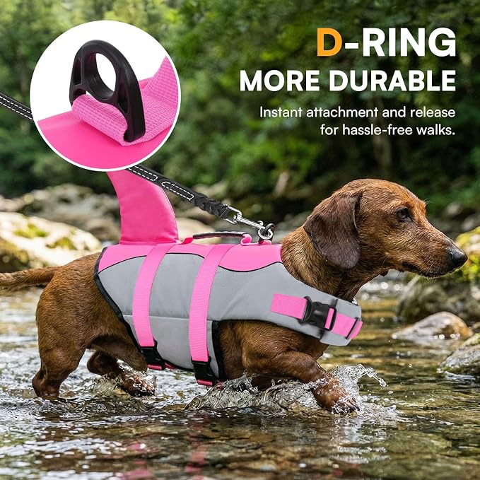 Dog Life Jacket Ripstop Shark Dog Safety Vest Adjustable Preserver with High Buoyancy and Durable Rescue Handle for Small,Medium,Large Dogs, Pink Shark X-Large