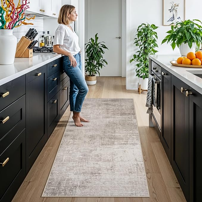 Washable 2x6 Thin Runner Rug: Abstract Soft Entryway Doormat Water-Resistan Hallway Bathroom Kitchen Carpet with Non-Slip Backing Modern Living Room Bedroom Decorative Carpet（2x6,Beige/Cream）