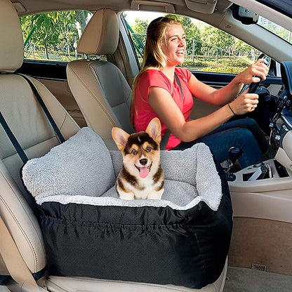 BurgeonNest Dog Car Seat for Small Dogs, Soft Pet Car Travel Home Bed Under 25 lbs, Fully Detachable and Washable Cat Booster Carseats with Storage Pockets and Clip-On Leash Portable Carrier,Black