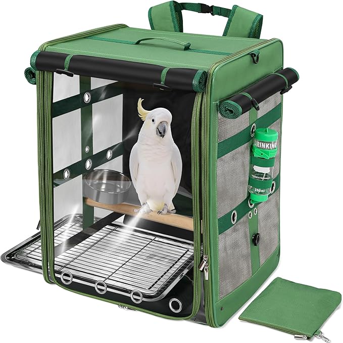 Suertree Bird Carrier Travel Cage, Cockatoo Carrier, Parrot Travel Backpack with Unbreakable Stainless Steel Mesh, Perch, Water Bottle and Food Bowl, X-Large Green