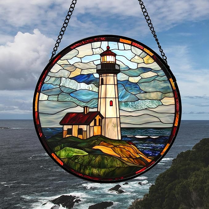 Stained Glass Window Hanging, Ocean Lighthouse Sun Catchers Glass Panel Blue Green Suncatcher Decor for Birthday for Women, Men, Wife, Aunt, and Mom 14.9x14.9 in