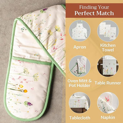 Maison d' Hermine Double Oven Mitts 100% Cotton 7"x35" Double Oven Mitt Heat Resistant BBQ Cooking Gloves with Loop, Baking, Grilling, Home, Kitchen, Handling Hot Pans Spring Summer (Botanical Fresh)