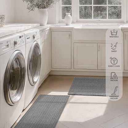 Kitchen Rugs, Kitchen Mats for Floor, Machine Washable Rugs 20"x30"+20"x48" Boho Style, Anti-Skid TPR Backing for Kitchen, Laundry, Durable, Easy Clean Spring & Everyday Use - Grey