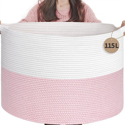 INDRESSME 115L Extra Large Pink Laundry Basket for Nursery Stuffed Animal Storage, Blanket Rope Baby Baskets Kids Toy Organizer Dorm Room Essentials for Girls, Pink