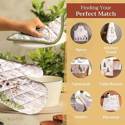 Maison d' Hermine 100% Cotton Oven Mitt & Pot Holder Set (7.5"x13" & 8"x8") Heat Resistant BBQ Cooking Gloves with Loop for Thanksgiving Christmas Decorations Handling Hot Pans (Mountain Life)