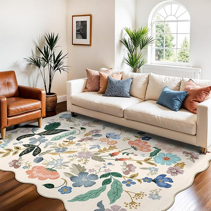 5x7 Living Room Area Rugs: Washable Floral Non-Slip Rug for Bedroom Dining Room Ultra Soft Carpet for Nursery Kitchen Home Office Farmhouse Thin Floor Mat for Teen Girls and Boys Dorms(5x7,Cream)
