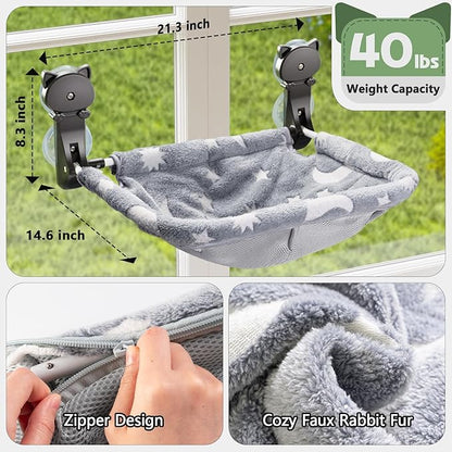 Cat Window Perch Cordless, Glow in The Dark & Stable Cat Beds- Breathable Window Hammock for Overlooking, Sunbathing and Climbing - Maximum Hold Up to 40lb(Grey+Cream)