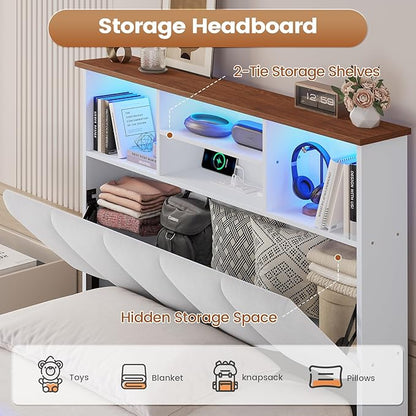 AOGLLATI Twin Bed Frame with 4 Storage Drawers & Charging Station & LED Lights, Twin Bed Frames with Stylish Bookcase Headboard, Led Bed Frame with Metal Slats, No Box Spring Needed,White