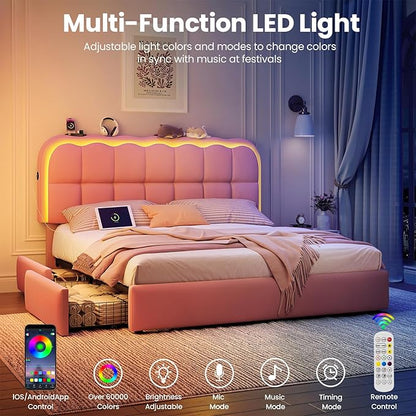 Queen Size Bed Frame with 4 Storage Drawers and LED, Adjustable Clouds Headborad, Velvet Upholstered Platform Queen Bed Frame with Charing Station, Wood Slats Support, No Box Spring Needed,Pink