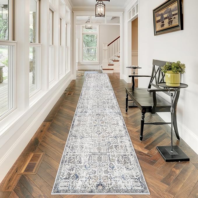 Hallway Washable Runner Rug - 2'6x12 Kitchen Runner Rugs with Non Slip Backing Indoor Farmhouse Carpets for Living Room Bedroom Vintage Distressed Mat Floor Decoration Carpet (2'6''x12', Brown)