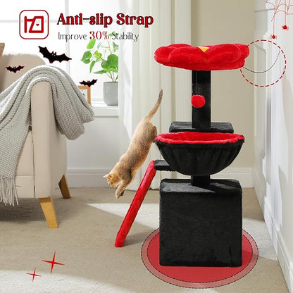 PETEPELA Gothic Cat Tree for Indoor Cats, 31.5'' Small Flower Cat Tower Condo with Sisal Scratching Ramp, Cozy Hammock and Removable Flower Cat Bed Perch for Kittens, Black