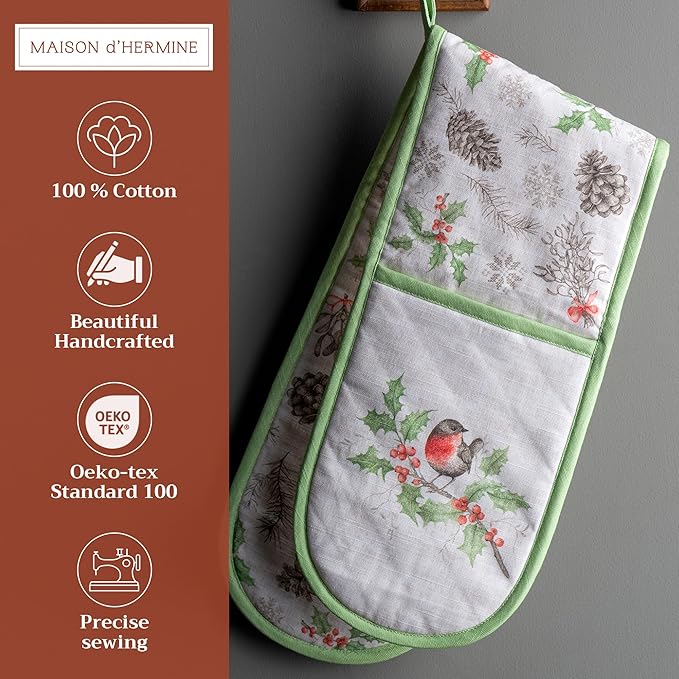 Maison d' Hermine Double Oven Mitt (7" x 35") 100% Cotton Heat Resistant BBQ Cooking Gloves with Loop for Thanksgiving Christmas Decorations Baking Cooking Barbeque Handling Hot Pan (Christmas Dew)