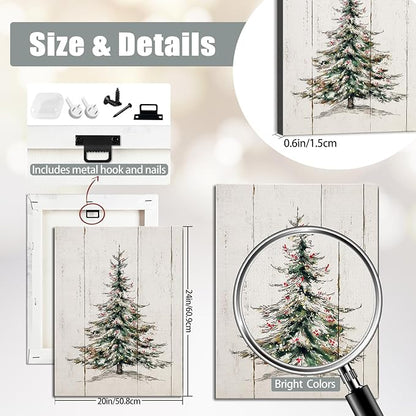 Retro Christmas Tree Canvas Wall Art - Vintage Pine Forest Framed Canvas Prints for Farmhouse Living Room, Rustic Christmas Wall Decor, Cozy Winter Decor & Ideal Christmas Gifts