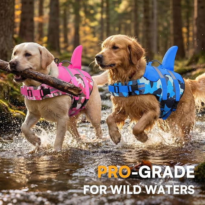 Dog Life Jacket Ripstop Dog Shark Safety Vest Adjustable Preserver with High Buoyancy and Durable Rescue Handle for Small,Medium,Large Dogs, Pink Camouflage X-Large