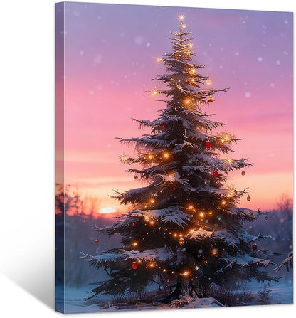 Framed Christmas Pictures Wall Decor,Vintage Pine Tree Prints,Winter Christmas Canvas Wall Art Decoration for Bedroom Bathroom Living Room Rustic Xmas Holiday Gifts (Christmas Tree 10, 24'' X 36'')