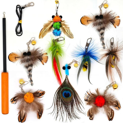 miwoowim Interactive Cat Toys - 10 PCS Cat Retractable Wand Toy and Feather Toys Refills, Enrichment Toys for Indoor Cats,Kitty Toys on a Stick,Kitten Toy Small Feather Insects