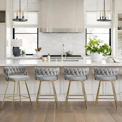 VECELO Bar Stools Set of 4, Counter Height Bar Stools, 26 inch Seat Barstools with Woven Back and Footrest for Kitchen Island Counter, Grey