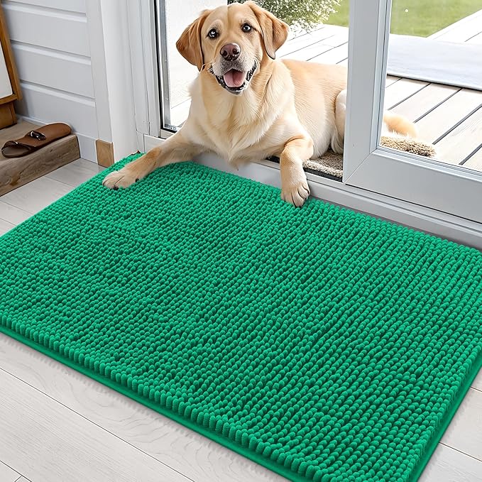 OLANLY Dog Door Mat for Muddy Paws 36x24, Absorbs Moisture and Dirt, Absorbent Non-Slip Washable Doormat, Quick Dry Chenille Mud Mat, Entry Indoor Entryway Carpet for Inside Floor, Emerald Green