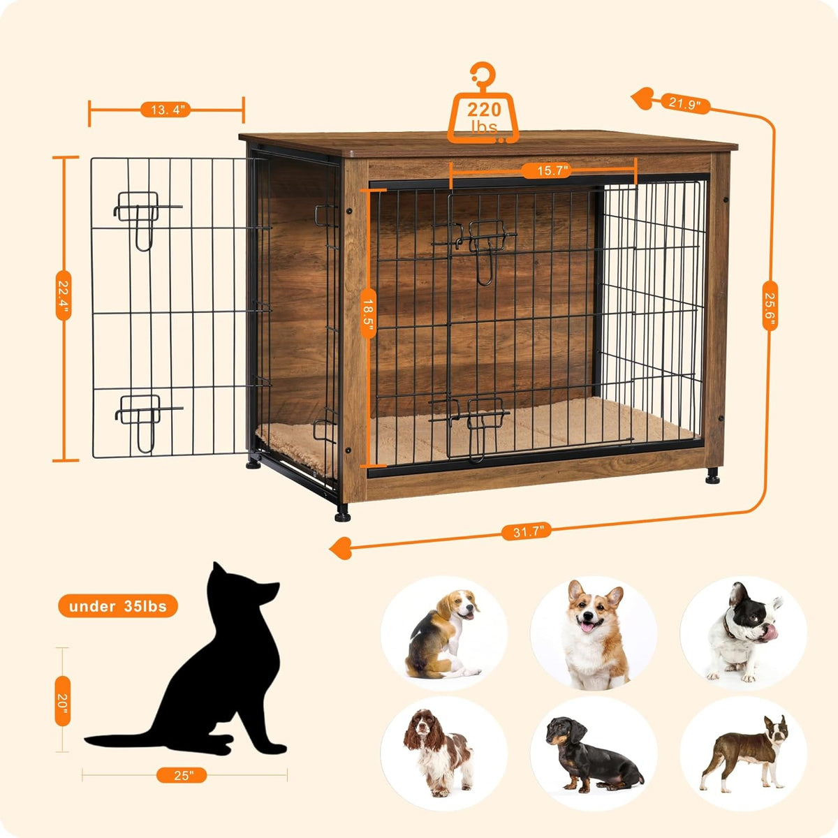 DWANTON Dog Crate Furniture with Cushion, Wooden Kennel Table with Double Doors, Indoor Dog House, Medium Size, 32.5" L, Warm Brown