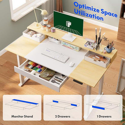 FLEXISPOT 4-Leg Standing Desk with Storage 63x32 in Electric Adjustable Height with 3 Drawers & Shelving Home Office Workstation (White + Maple Top)