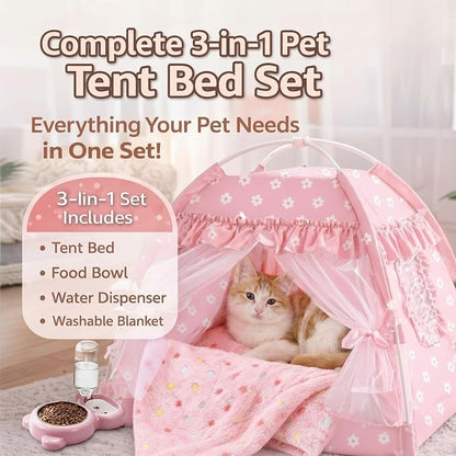 BreezeHug Cat Tent Bed with Bowl Water Dispenser Washable Cushion Blanket, Pink Princess Indoor Pet House Small Dog Bed Puppy Nest for Kitten Teacup Chihuahua Yorkie Maltese, 13.78 x 13.78 x 13.78 in