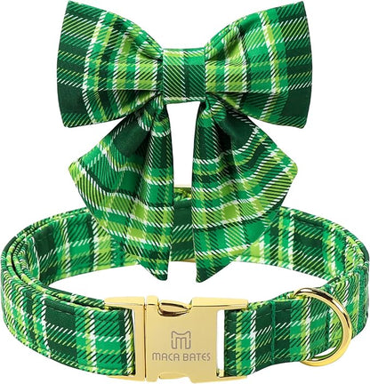 Maca Bates Irish Plaid Dog Collar with Sailor Bow Tie,Shamrock Green Gingham Pattern for Small Girl Boy Dogs,Adjustable Durable Soft Collars Gift for Male Female Puppy