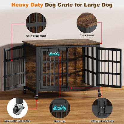 EasyCom 41"/33"/27" Dog Crate Furniture with Name Tag, Heavy Duty Dog Kennel Indoor for Medium Dogs, Double-Doors Sturdy Metal Dog Cage for Anxiety Dog, Decorate House as TV Stand, End Table