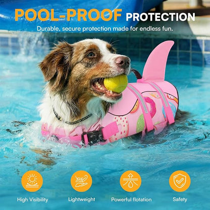 Dog Life Jacket, Dog Life Vest for Swimming, Doggie Shark Swimming Vest with Rescue Handle, Adjustable Reflective Pet Lifesaver Preserver for Small Dogs, Pink Donut S
