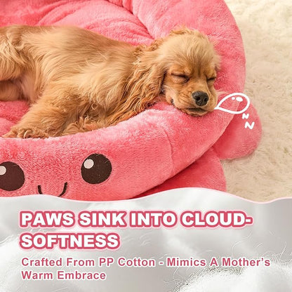 Cute Calming Dog Beds Clearance for Large Dogs, Anxiety Bolster Dog Bed with Octopus Shape, Pink, Red, Boho, Round Pet Bed Cat with Removable Cushion