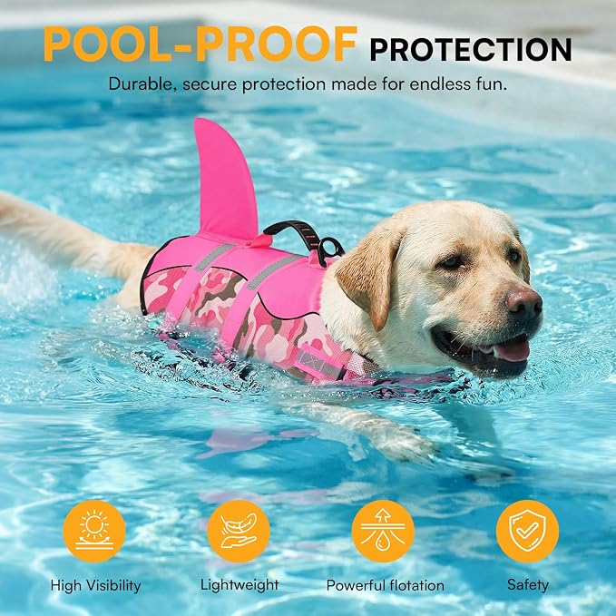 Dog Life Jacket Ripstop Dog Shark Safety Vest Adjustable Preserver with High Buoyancy and Durable Rescue Handle for Small,Medium,Large Dogs, Pink Camouflage X-Large