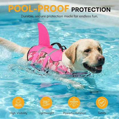 Dog Life Jacket Ripstop Dog Shark Safety Vest Adjustable Preserver with High Buoyancy and Durable Rescue Handle for Small,Medium,Large Dogs, Pink Camouflage Medium