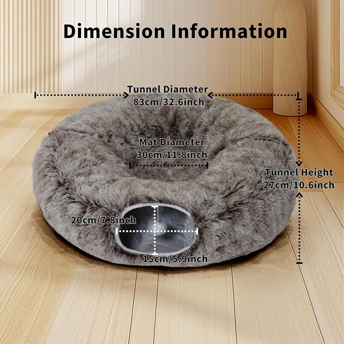 Cat Tunnel Bed for Indoor Cats with Washable Cushion Cat Cave Donut Tunnel with Fluffy Ball Big Round Tube Pet Playground Toys Soft Plush Peekaboo for Kitten, Cat, Puppy, Rabbit, Ferret（Brown）