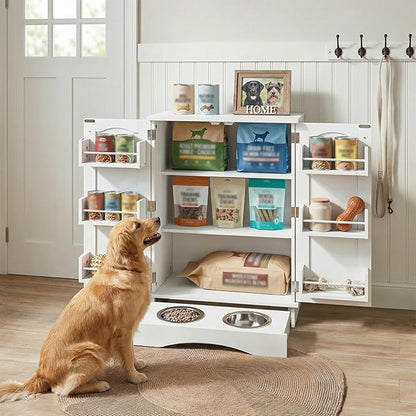 32" H Dog Feeding Station with Storage with Adjustable Shelves | Pet Food Storage Cabinet with 2 Elevated Bowls,Hooks & Letter Stickers,Hidden Dog Feeding Organizer for Cats and Dogs,White