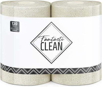Fantasticlean Microfiber Cleaning Cloth Roll 2 Rolls 120 Pack, Tear Away Paperless Towels, 8" x 8", Reusable Washable Rags, House Kitchen, Pet, Office, Indoor Outdoor, Compact Portable (Off-White)