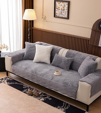 Grey Fuzzy Rabbit Plush Sofa Cover Cozy Warm Sofa Couch Covers with 3D Jacquard Leaf Pattern Non-Slip Easy-to-Install Shaggy Sofa Slipcover Prefect for Kids Dogs Cats Cats(Grey,36"x63")