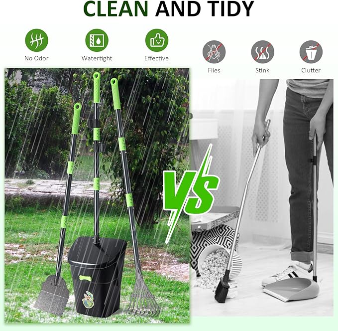 Dog Pooper Scooper, Long Handle Adjustable Metal Swivel Bin & Rake & Spade Kit with 20 Waste Bags, Portable Heavy Duty Dog Poop Scooper for Gravel Lawn, Suit for Small Medium Large Dog