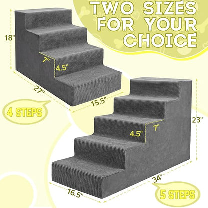Niubya Dog Stairs for Small Dogs and Cats,18'H Non-Slip Bottom Pet Steps for High Beds and Couch,Extra Wide High-Density Foam Pet Stairs Grey,4 Steps