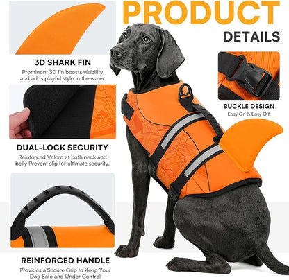 Dog Life Jacket High Flotation, Reflective Dog Life Vest for Swimming, Adjustable Dogs Life Preserver Rescue Handle Spring Summer Pool for Small, Medium, Large Dogs (OrangeLines,XXL)