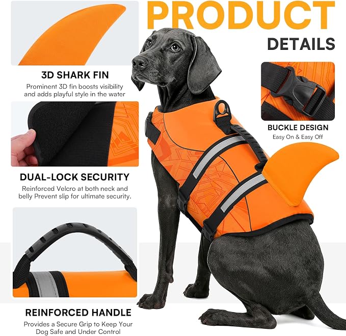 Dog Life Jacket High Flotation, Reflective Dog Life Vest for Swimming, Adjustable Dogs Life Preserver Rescue Handle Spring Summer Pool for Small, Medium, Large Dogs (OrangeLines,XS)