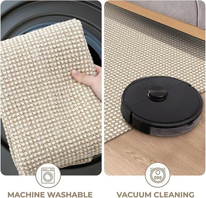 KOZYFLY Runners for Hallways 2x7 ft Washable Kitchen Runner Non Slip Rubber Backed Hall Runners Cotton Entryway Runner Rugs Floor Carpet for Indoor Backdoor Bedroom Kitchen, Ivory/Khaki
