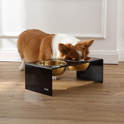 DBL2001B Keaton 7.5" Medium/Large Modern Lucite Rectangular Elevated Pet Feeder with 54oz 2-Stainless Steel Bowls, Black/Gold