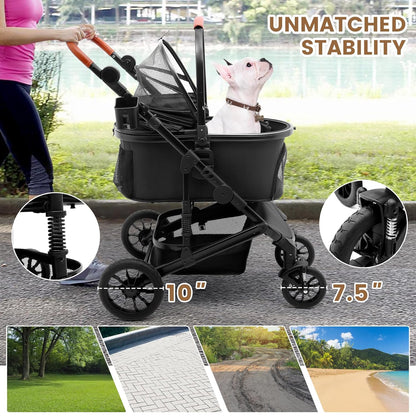 Pet Stroller with 4 Wheels, Foldable Pet Travel Carrier for Small/Medium Dogs Cats up to 50lbs, Detachble Portable Pet Bag, Storage Basket, Car Seat 3 in 1 Multifunctional (Black)